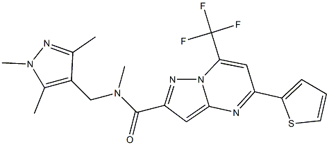 N-methyl-5-(2-thienyl)-7-(trifluoromethyl)-N-[(1,3,5-trimethyl-1H-pyrazol-4-yl)methyl]pyrazolo[1,5-a]pyrimidine-2-carboxamide Struktur