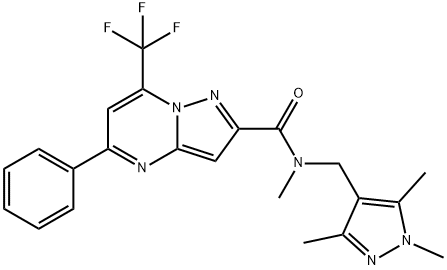 N-methyl-5-phenyl-7-(trifluoromethyl)-N-[(1,3,5-trimethyl-1H-pyrazol-4-yl)methyl]pyrazolo[1,5-a]pyrimidine-2-carboxamide Struktur