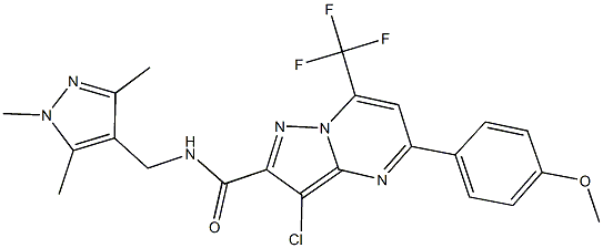 3-chloro-5-(4-methoxyphenyl)-7-(trifluoromethyl)-N-[(1,3,5-trimethyl-1H-pyrazol-4-yl)methyl]pyrazolo[1,5-a]pyrimidine-2-carboxamide 结构式