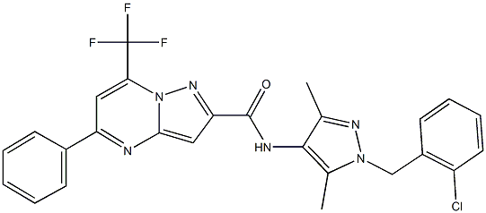 N-[1-(2-chlorobenzyl)-3,5-dimethyl-1H-pyrazol-4-yl]-5-phenyl-7-(trifluoromethyl)pyrazolo[1,5-a]pyrimidine-2-carboxamide Struktur