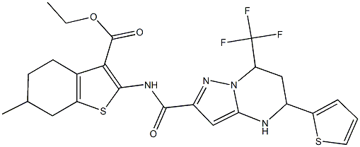 ethyl 6-methyl-2-({[5-(2-thienyl)-7-(trifluoromethyl)-4,5,6,7-tetrahydropyrazolo[1,5-a]pyrimidin-2-yl]carbonyl}amino)-4,5,6,7-tetrahydro-1-benzothiophene-3-carboxylate Structure