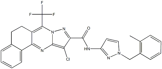 11-chloro-N-[1-(2-methylbenzyl)-1H-pyrazol-3-yl]-7-(trifluoromethyl)-5,6-dihydrobenzo[h]pyrazolo[5,1-b]quinazoline-10-carboxamide,489451-59-4,结构式