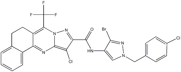 N-[3-bromo-1-(4-chlorobenzyl)-1H-pyrazol-4-yl]-11-chloro-7-(trifluoromethyl)-5,6-dihydrobenzo[h]pyrazolo[5,1-b]quinazoline-10-carboxamide 化学構造式