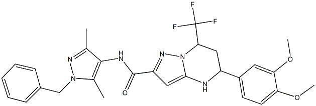 N-(1-benzyl-3,5-dimethyl-1H-pyrazol-4-yl)-5-(3,4-dimethoxyphenyl)-7-(trifluoromethyl)-4,5,6,7-tetrahydropyrazolo[1,5-a]pyrimidine-2-carboxamide Structure