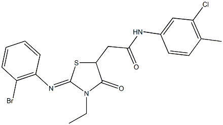 2-{2-[(2-bromophenyl)imino]-3-ethyl-4-oxo-1,3-thiazolidin-5-yl}-N-(3-chloro-4-methylphenyl)acetamide 化学構造式