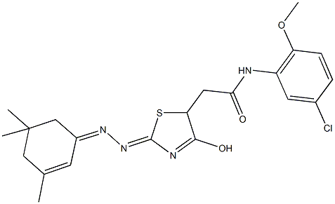 N-(5-chloro-2-methoxyphenyl)-2-{4-hydroxy-2-[(3,5,5-trimethyl-2-cyclohexen-1-ylidene)hydrazono]-2,5-dihydro-1,3-thiazol-5-yl}acetamide Struktur