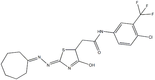 N-[4-chloro-3-(trifluoromethyl)phenyl]-2-[2-(cycloheptylidenehydrazono)-4-hydroxy-2,5-dihydro-1,3-thiazol-5-yl]acetamide 化学構造式