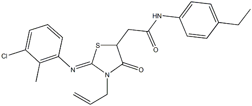 2-{3-allyl-2-[(3-chloro-2-methylphenyl)imino]-4-oxo-1,3-thiazolidin-5-yl}-N-(4-ethylphenyl)acetamide 化学構造式