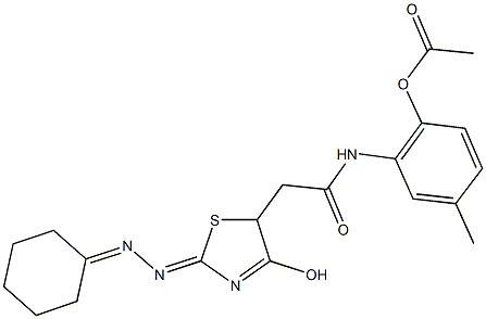 2-({[2-(cyclohexylidenehydrazono)-4-hydroxy-2,5-dihydro-1,3-thiazol-5-yl]acetyl}amino)-4-methylphenyl acetate 化学構造式