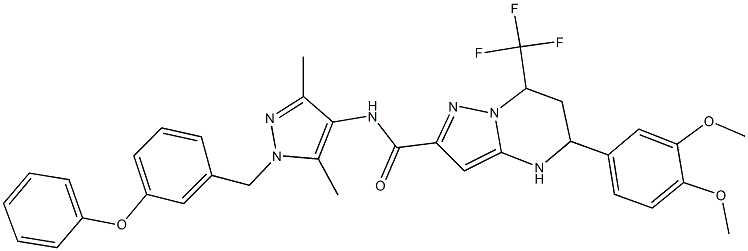 5-(3,4-dimethoxyphenyl)-N-[3,5-dimethyl-1-(3-phenoxybenzyl)-1H-pyrazol-4-yl]-7-(trifluoromethyl)-4,5,6,7-tetrahydropyrazolo[1,5-a]pyrimidine-2-carboxamide Struktur