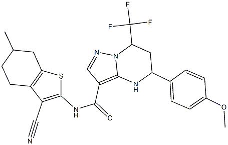 N-(3-cyano-6-methyl-4,5,6,7-tetrahydro-1-benzothien-2-yl)-5-(4-methoxyphenyl)-7-(trifluoromethyl)-4,5,6,7-tetrahydropyrazolo[1,5-a]pyrimidine-3-carboxamide Struktur