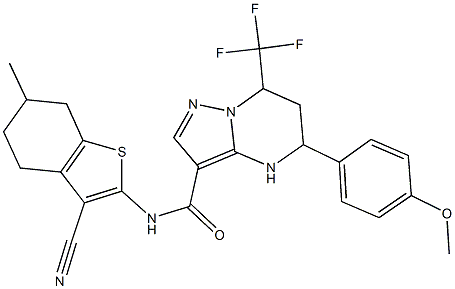 N-(3-cyano-6-methyl-4,5,6,7-tetrahydro-1-benzothien-2-yl)-5-(4-methoxyphenyl)-7-(trifluoromethyl)-4,5,6,7-tetrahydropyrazolo[1,5-a]pyrimidine-3-carboxamide 化学構造式