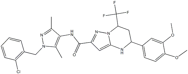 N-[1-(2-chlorobenzyl)-3,5-dimethyl-1H-pyrazol-4-yl]-5-(3,4-dimethoxyphenyl)-7-(trifluoromethyl)-4,5,6,7-tetrahydropyrazolo[1,5-a]pyrimidine-2-carboxamide 结构式