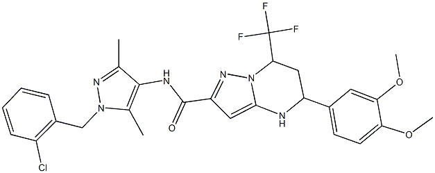 N-[1-(2-chlorobenzyl)-3,5-dimethyl-1H-pyrazol-4-yl]-5-(3,4-dimethoxyphenyl)-7-(trifluoromethyl)-4,5,6,7-tetrahydropyrazolo[1,5-a]pyrimidine-2-carboxamide,490013-27-9,结构式