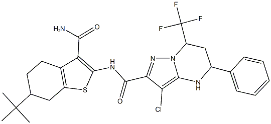 N-[3-(aminocarbonyl)-6-tert-butyl-4,5,6,7-tetrahydro-1-benzothien-2-yl]-3-chloro-5-phenyl-7-(trifluoromethyl)-4,5,6,7-tetrahydropyrazolo[1,5-a]pyrimidine-2-carboxamide 化学構造式