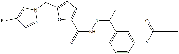 N-[3-(N-{5-[(4-bromo-1H-pyrazol-1-yl)methyl]-2-furoyl}ethanehydrazonoyl)phenyl]-2,2-dimethylpropanamide 化学構造式