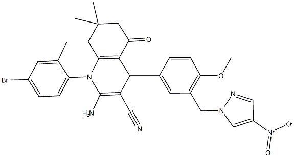 2-amino-1-(4-bromo-2-methylphenyl)-4-[3-({4-nitro-1H-pyrazol-1-yl}methyl)-4-methoxyphenyl]-7,7-dimethyl-5-oxo-1,4,5,6,7,8-hexahydro-3-quinolinecarbonitrile 结构式