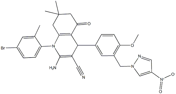 2-amino-1-(4-bromo-2-methylphenyl)-4-[3-({4-nitro-1H-pyrazol-1-yl}methyl)-4-methoxyphenyl]-7,7-dimethyl-5-oxo-1,4,5,6,7,8-hexahydro-3-quinolinecarbonitrile Structure