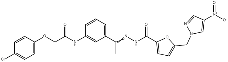 2-(4-chlorophenoxy)-N-(3-{N-[5-({4-nitro-1H-pyrazol-1-yl}methyl)-2-furoyl]ethanehydrazonoyl}phenyl)acetamide 结构式