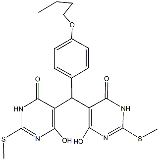 5-{(4-butoxyphenyl)[4-hydroxy-2-(methylsulfanyl)-6-oxo-1,6-dihydro-5-pyrimidinyl]methyl}-6-hydroxy-2-(methylsulfanyl)-4(3H)-pyrimidinone 化学構造式