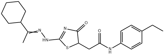 2-{2-[(1-cyclohexylethylidene)hydrazono]-4-hydroxy-2,5-dihydro-1,3-thiazol-5-yl}-N-(4-ethylphenyl)acetamide Struktur