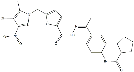 N-(4-{N-[5-({4-chloro-3-nitro-5-methyl-1H-pyrazol-1-yl}methyl)-2-furoyl]ethanehydrazonoyl}phenyl)cyclopentanecarboxamide Structure