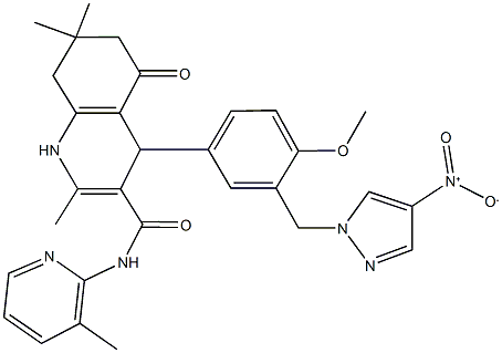 4-[3-({4-nitro-1H-pyrazol-1-yl}methyl)-4-methoxyphenyl]-2,7,7-trimethyl-N-(3-methyl-2-pyridinyl)-5-oxo-1,4,5,6,7,8-hexahydro-3-quinolinecarboxamide 化学構造式