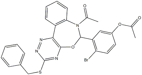 3-[7-acetyl-3-(benzylsulfanyl)-6,7-dihydro[1,2,4]triazino[5,6-d][3,1]benzoxazepin-6-yl]-4-bromophenyl acetate Struktur