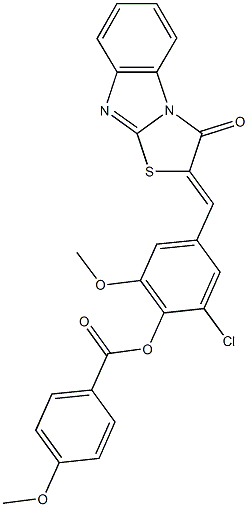 2-chloro-6-methoxy-4-[(3-oxo[1,3]thiazolo[3,2-a]benzimidazol-2(3H)-ylidene)methyl]phenyl 4-methoxybenzoate Struktur