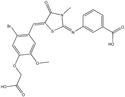 3-({5-[2-bromo-4-(carboxymethoxy)-5-methoxybenzylidene]-3-methyl-4-oxo-1,3-thiazolidin-2-ylidene}amino)benzoic acid Struktur