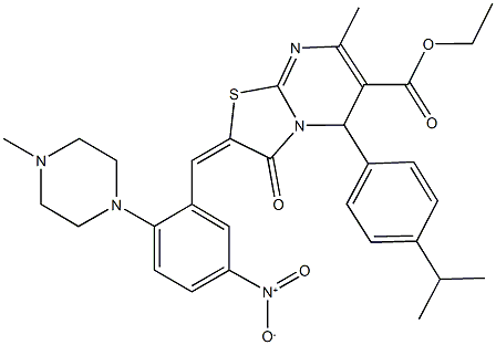 ethyl 2-[5-nitro-2-(4-methyl-1-piperazinyl)benzylidene]-5-(4-isopropylphenyl)-7-methyl-3-oxo-2,3-dihydro-5H-[1,3]thiazolo[3,2-a]pyrimidine-6-carboxylate 化学構造式