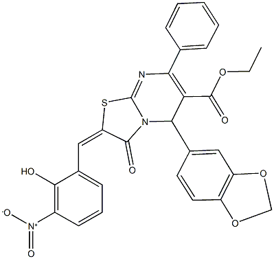 ethyl 5-(1,3-benzodioxol-5-yl)-2-{2-hydroxy-3-nitrobenzylidene}-3-oxo-7-phenyl-2,3-dihydro-5H-[1,3]thiazolo[3,2-a]pyrimidine-6-carboxylate Structure