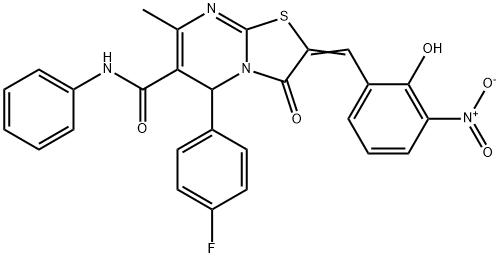 5-(4-fluorophenyl)-2-{2-hydroxy-3-nitrobenzylidene}-7-methyl-3-oxo-N-phenyl-2,3-dihydro-5H-[1,3]thiazolo[3,2-a]pyrimidine-6-carboxamide,491584-69-1,结构式