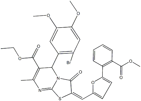 ethyl 5-(2-bromo-4,5-dimethoxyphenyl)-2-({5-[2-(methoxycarbonyl)phenyl]-2-furyl}methylene)-7-methyl-3-oxo-2,3-dihydro-5H-[1,3]thiazolo[3,2-a]pyrimidine-6-carboxylate 结构式