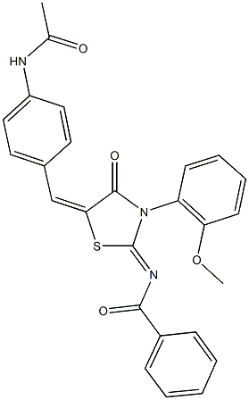 N-[5-[4-(acetylamino)benzylidene]-3-(2-methoxyphenyl)-4-oxo-1,3-thiazolidin-2-ylidene]benzamide Structure