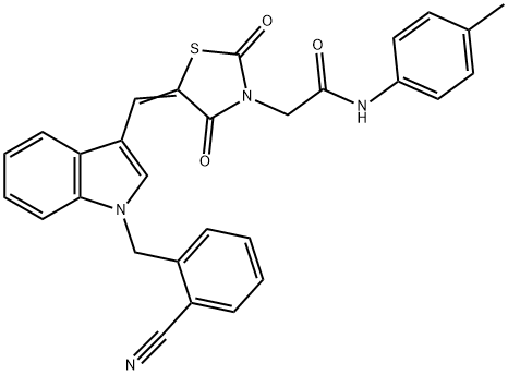 2-(5-{[1-(2-cyanobenzyl)-1H-indol-3-yl]methylene}-2,4-dioxo-1,3-thiazolidin-3-yl)-N-(4-methylphenyl)acetamide 化学構造式