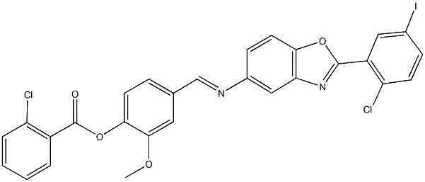 4-({[2-(2-chloro-5-iodophenyl)-1,3-benzoxazol-5-yl]imino}methyl)-2-methoxyphenyl 2-chlorobenzoate Structure