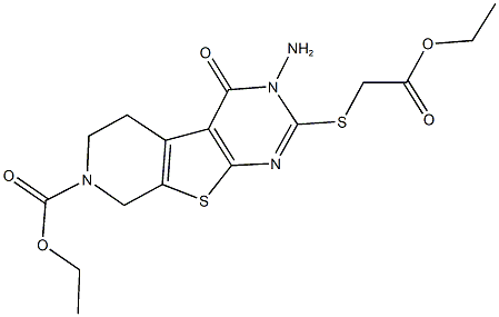 ethyl 3-amino-2-[(2-ethoxy-2-oxoethyl)sulfanyl]-4-oxo-3,5,6,8-tetrahydropyrido[4',3':4,5]thieno[2,3-d]pyrimidine-7(4H)-carboxylate 化学構造式