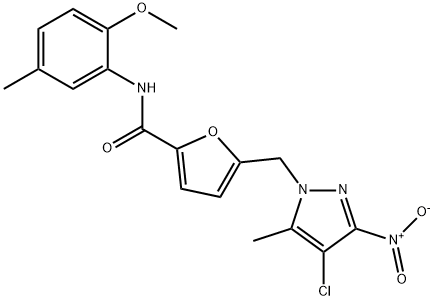 5-({4-chloro-3-nitro-5-methyl-1H-pyrazol-1-yl}methyl)-N-(2-methoxy-5-methylphenyl)-2-furamide,491830-00-3,结构式