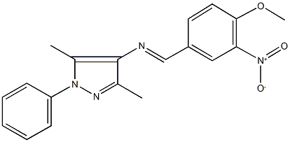 4-({3-nitro-4-methoxybenzylidene}amino)-3,5-dimethyl-1-phenyl-1H-pyrazole 化学構造式