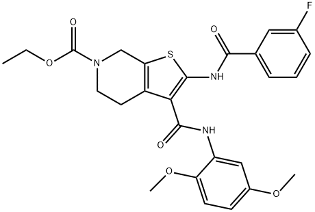 ethyl 3-[(2,5-dimethoxyanilino)carbonyl]-2-[(3-fluorobenzoyl)amino]-4,7-dihydrothieno[2,3-c]pyridine-6(5H)-carboxylate Struktur