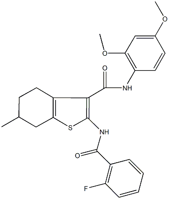 N-(2,4-dimethoxyphenyl)-2-[(2-fluorobenzoyl)amino]-6-methyl-4,5,6,7-tetrahydro-1-benzothiophene-3-carboxamide Struktur