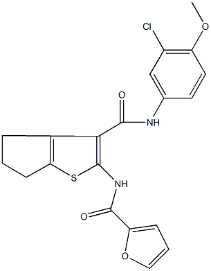 N-{3-[(3-chloro-4-methoxyanilino)carbonyl]-5,6-dihydro-4H-cyclopenta[b]thien-2-yl}-2-furamide 化学構造式