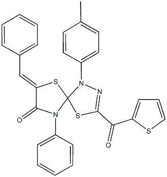 7-benzylidene-1-(4-methylphenyl)-9-phenyl-3-(2-thienylcarbonyl)-4,6-dithia-1,2,9-triazaspiro[4.4]non-2-en-8-one Struktur