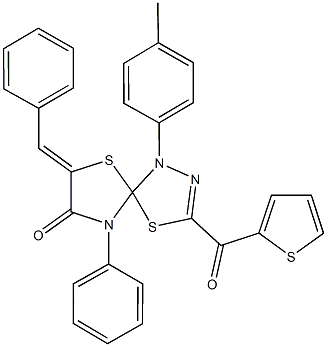 7-benzylidene-1-(4-methylphenyl)-9-phenyl-3-(2-thienylcarbonyl)-4,6-dithia-1,2,9-triazaspiro[4.4]non-2-en-8-one 化学構造式