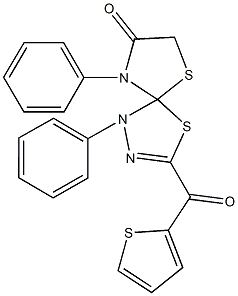 1,9-diphenyl-3-(2-thienylcarbonyl)-4,6-dithia-1,2,9-triazaspiro[4.4]non-2-en-8-one,491875-39-9,结构式