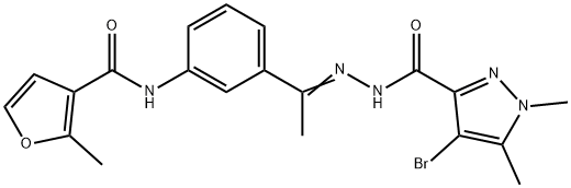 N-(3-{N-[(4-bromo-1,5-dimethyl-1H-pyrazol-3-yl)carbonyl]ethanehydrazonoyl}phenyl)-2-methyl-3-furamide Structure