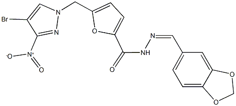 N'-(1,3-benzodioxol-5-ylmethylene)-5-({4-bromo-3-nitro-1H-pyrazol-1-yl}methyl)-2-furohydrazide Structure