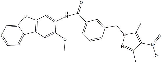 3-({4-nitro-3,5-dimethyl-1H-pyrazol-1-yl}methyl)-N-(2-methoxydibenzo[b,d]furan-3-yl)benzamide,492423-92-4,结构式