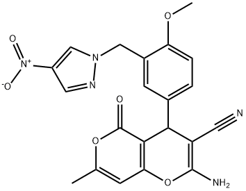 2-amino-4-[3-({4-nitro-1H-pyrazol-1-yl}methyl)-4-methoxyphenyl]-7-methyl-5-oxo-4H,5H-pyrano[4,3-b]pyran-3-carbonitrile Structure